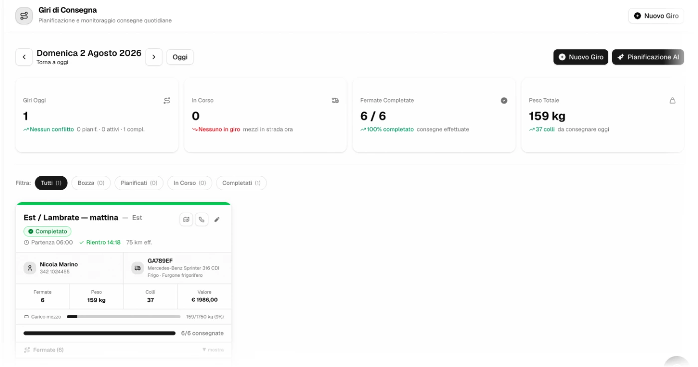 Giri di consegna della giornata con fermate, peso, colli e pianificazione AI
